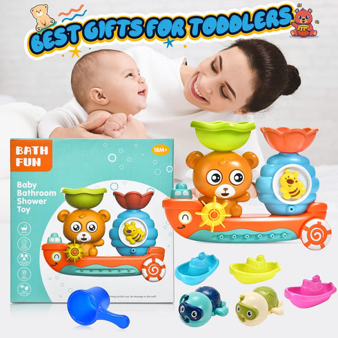 Baby Bath Toys for Toddlers 1-3, Bear Kids Bath Tub Toys with 2 Turtle Swimming Toys & 3 Floating Boat Gifts