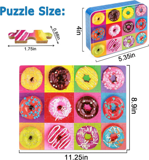 LELEMON Donut Puzzle for Kids Ages 4-8, 100 Piece Jigsaw Puzzles in Metal Box, Educational Fun for Girls and Boys