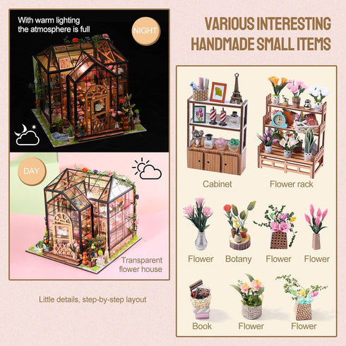 Set, 1:24 INSGEN Greenhouse Booknook Kit, DIY Miniature Dollhouse Building Scale Wooden Diorama Model, Tiny Street
