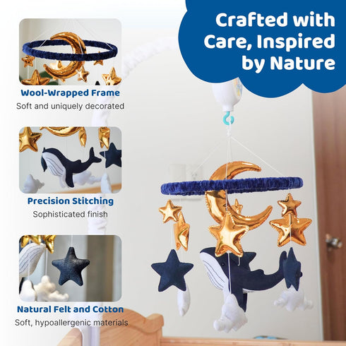 Whale Hanging Mobile - Nautical Stars and Moon Nursery Mobile for Boys - Felt Whale Gold Stars - Navy Blue Nursery