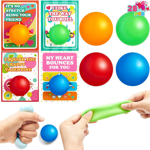 JOYIN 28 Packs Valentines Day Gift Cards with Stress Ball Set Stretchy