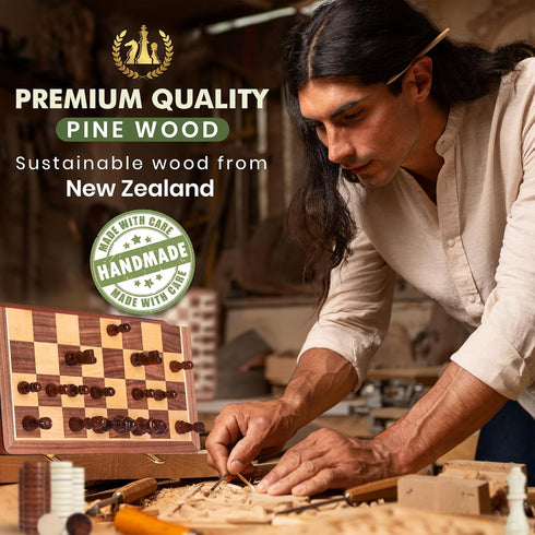 ECOCRAFTER 15'' 2 1 set (2 set Sets in Wooden Magnetic chess and checkers Extra Queens, Foldable Chess & Cotton Storage