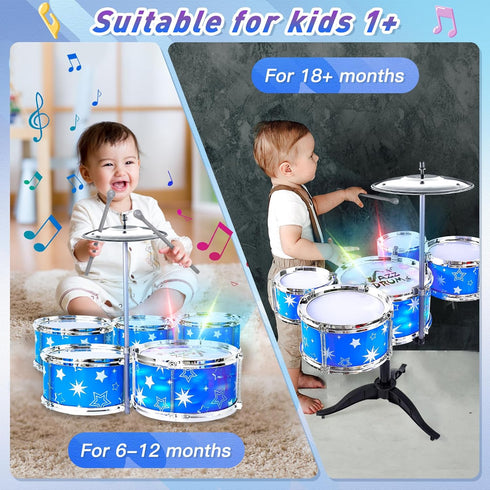 Kids Drum Set for Toddlers - Musical Gifts Toys with Light, Drum Kit for Beginner Music Practice, Christmas Birthday