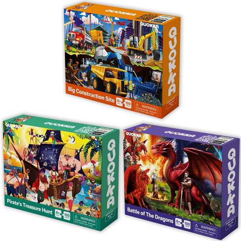 QUOKKA 100 Piece Puzzles for Kids Ages 4-6, 3 Floor Puzzles for Toddlers 3-5, Learning Toy for 6-8 Year Olds