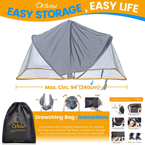 UPF50+ Orzbow Baby Mosquito Net with Sun Shade for Stroller, Universal Stroller Mosquito Netting Privacy Cover