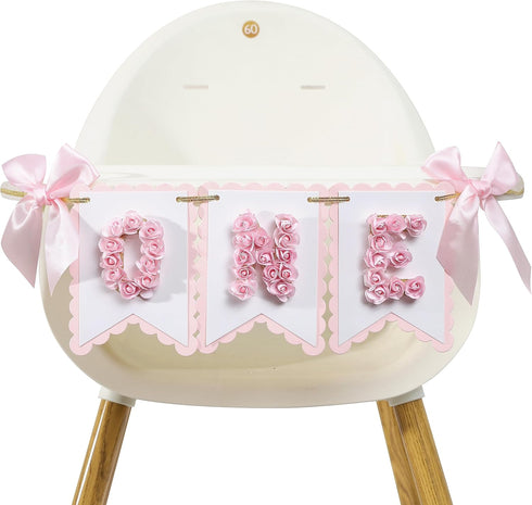 LINLULU 1st 1st Flower Birthday High Chair Banner - Pink and Gold One Birthday Banner, Princess Bday Decoration, Rose