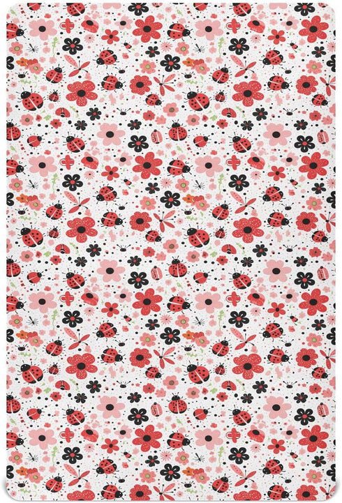 Vdsrup Crib Sheets for Boys Girl Ladybugs Flowers Neutral Mini Crib Mattress Sheets