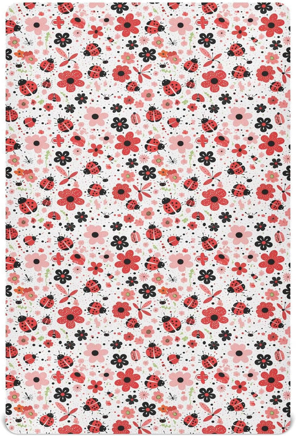 Vdsrup Crib Sheets for Boys Girl Ladybugs Flowers Neutral Mini Crib Mattress Sheets