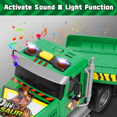 3 4 5 6+ Kids Dinosaurs Semi Trailer Truck Toys, Large Semi Flatbed Truck Toy with Helicopter and Dinosaurs, Lights