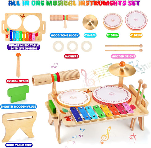 Kids Drum Set for Toddlers - 7 in 1 Montessori Preschool Musical Toys, Drum Kit, Xylophone, Tambourine Birthday Gifts