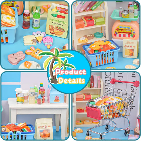 YOUHORYA 196Pcs Mini Shopping Cart Basket Trolley Grocery Game Model Miniature Drink Bottle Food Pizza with Box