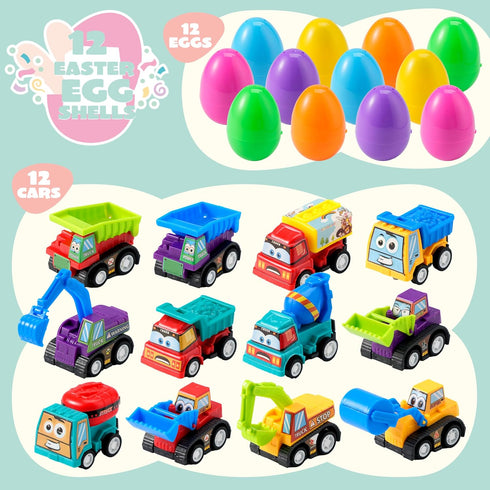 12 JOYIN Pcs Easter Eggs Filled with Toy Cars, Colorful Prefilled Pull Back Construction Vehicle, and Race Car for Kids