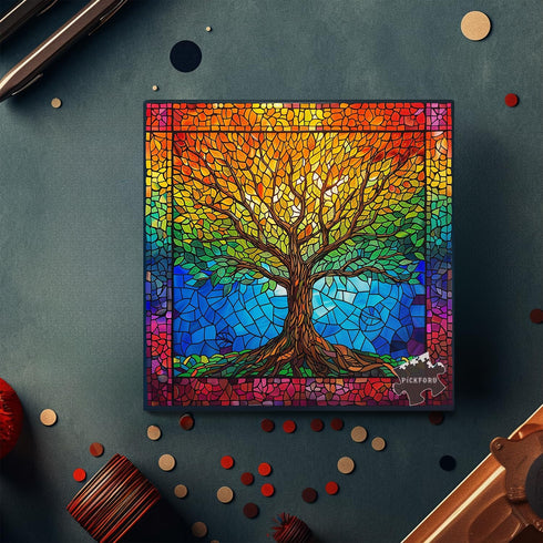 PICKFORU Stained Glass Puzzles for Adults, 1000 Pieces Mosaic Tree of Life Unique Rainbow Jigsaw Puzzle