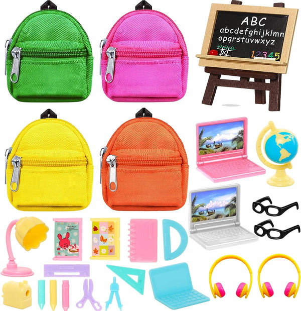 ENOCHT 27 Pcs Doll School Accessories, 4 Doll Backpacks with Zipper, Computers, Glasses, Study Accessories
