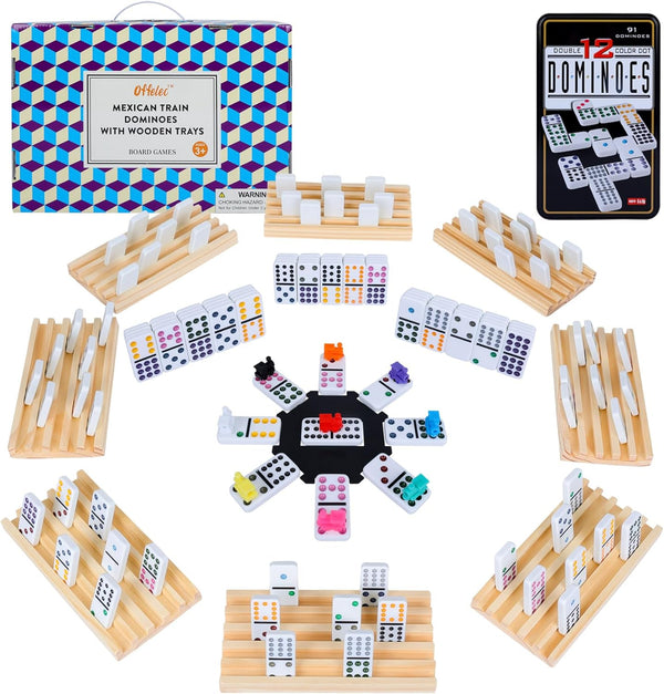 Mexican Train Dominoes Set with 8 Wooden Holders | Double 12 Dominoes