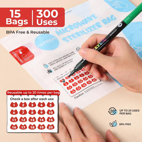 Gemdom 15 Pack 20 Microwave Steam Sterilizer Bags Plus, Large Size for Baby Bottles Soothers, Teethers, Breast Pump