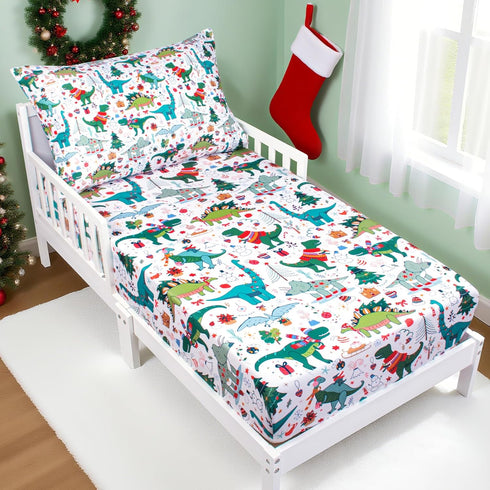 JISEN Christmas Toddler Bedding Set 2 Piece Dinosaur Toddler Sheet Set for