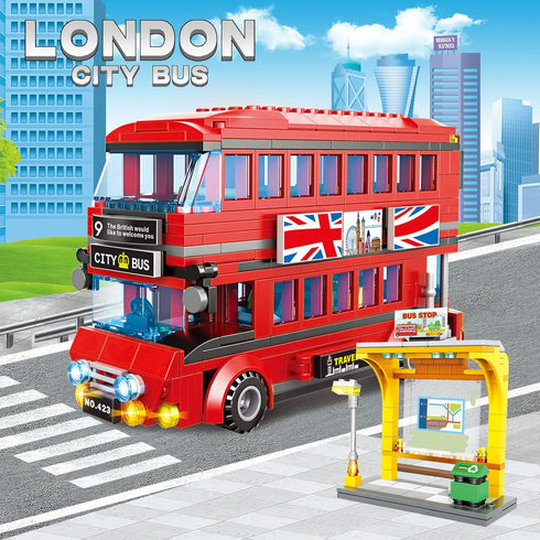 City London Bus Station Building Blocks Set, Double Deckers London Travel Bus and Station, STEM Play Toys
