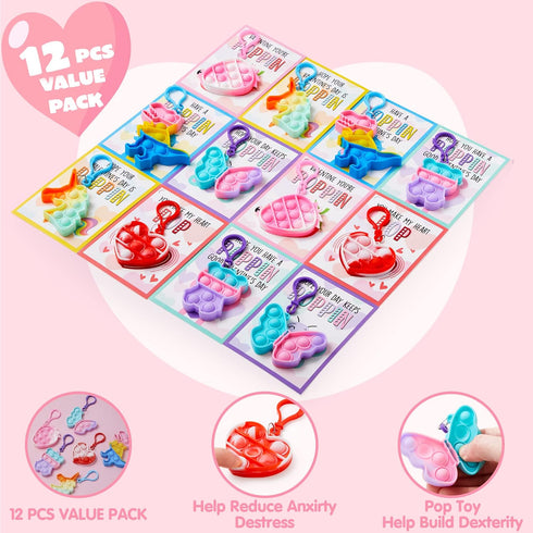 12 Packs JOYIN Valentine's Day Cards with Pop Fidget Keychain Toys, Stress Anxiety Relief Fidget Toys with Cards