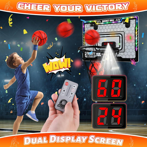 Indoor Mini Basketball Hoop with LED Light/Scoreboard, Over The Door Basketball Toy for Kids