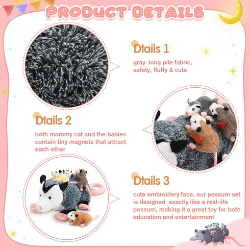 5 Pcs Stuffed Opossum Plush Toy Set, 1 Mommy Opossum with 4 Cute Baby Opossums, Gift for Opossum Lovers