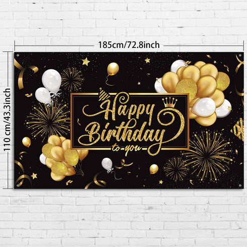 Blulu Happy Birthday Banner Sign, Large Fabric Glitter Poster for Birthday Decoration Supplies (Black and Gold)