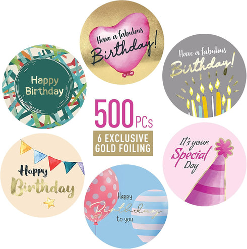 easykart 500 Happy Birthday Stickers, 6 Unique Foiling Designs for Kids Birthday Party Decoration, 1.5 Inch (1 Roll)
