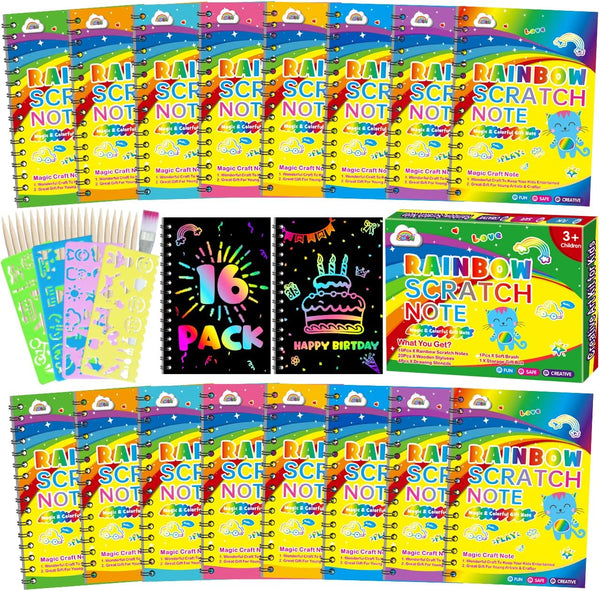 ZMLM Scratch Art Party Favors: 16 Pack Rainbow Scratch Paper Notebooks for Kids Age 3-12, Birthday Goodie Bag Stuffers