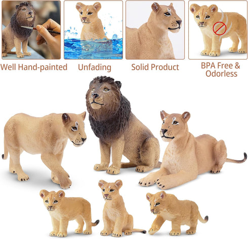 Toymany 6PCS Realistic Lion Figurines - Jungle Animals Family Set with Baby Lions, Educational Toy for Kids