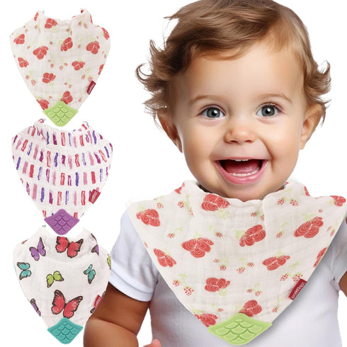 Nuby Reversible 100% Natural Cotton Muslin Teething Bib, 3 Piece Set, Pink, Aqua, Purple, Flower, Butterfly, Stripes