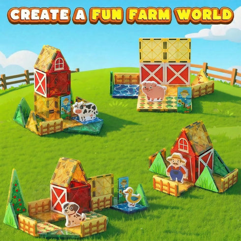 3 42PCS Otters Magnetic Tiles Toys with Farm Animals, Magnetic Building Blocks Educational STEM Toys for Birthday Party
