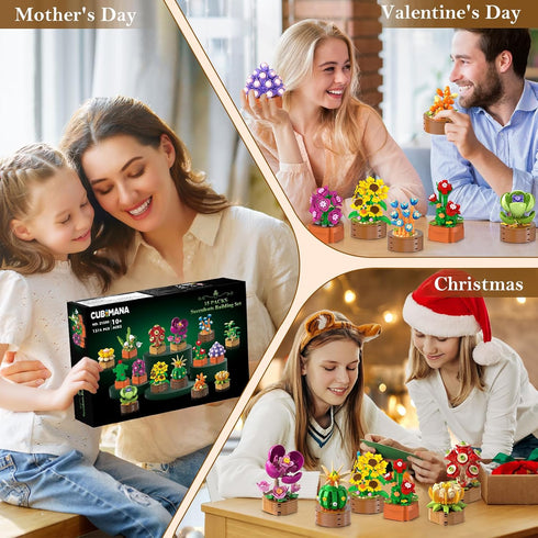 15 Pack Set 1314PCS 3.6MM 10+ CUBIMANA Flowers Plants Mini Building - Flower Succulents Botanical Collection Block Toy