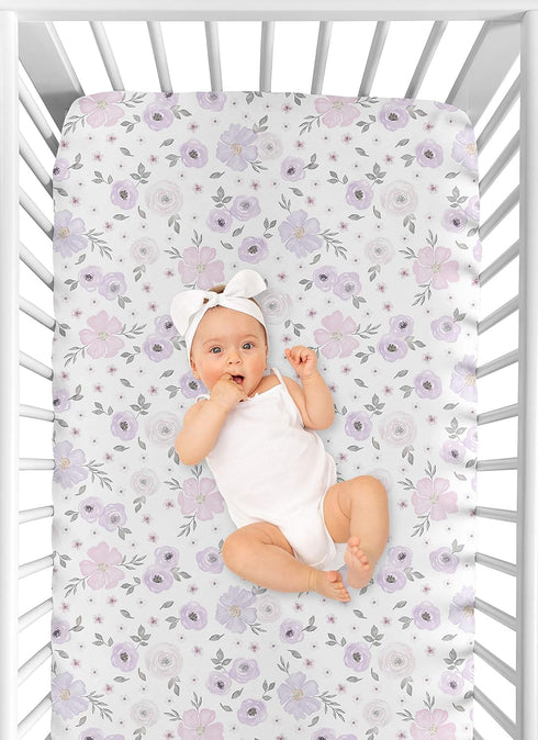 Sweet Jojo Designs Fitted Baby Jersey Crib Sheets (Purple/Grey Boho Floral) for Girls, Infant Nursery, Toddler Room