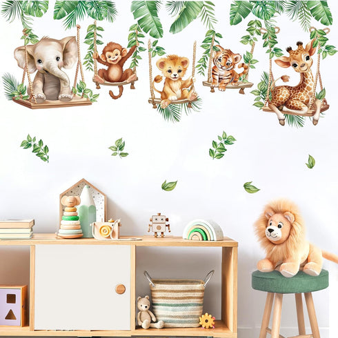 wondever Jungle Animal on Swings Wall Stickers Baby Lion Elephant Giraffe Tropical Leaves Peel and Stick Wall Art