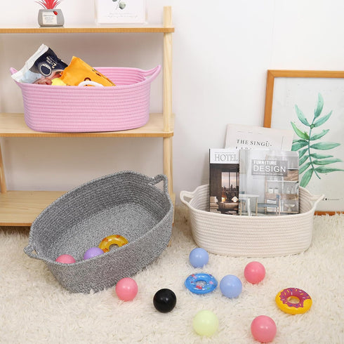 ABenkle Cotton Woven Rope Storage Basket, Decorative Toy Bin with Handle for Nursery and Organizing Shelves