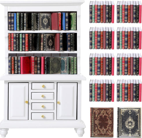 Chivertion 1:12 Scale Dollhouse Miniature Wooden Bookshelf Bookcase with 48 Pcs Miniature Books