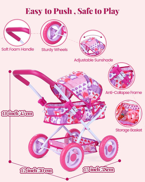 Set 12 Inch 14 Set, 3yrs+ BABESIDE Baby Doll Stroller with Baby Doll, Pcs Baby Doll Accessories, Folding Doll Pram