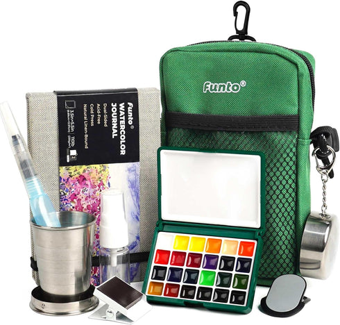 Funto Mini Watercolor Paint Set, All-in-One 24-Color Travel Paint Kit, with Crossbody
