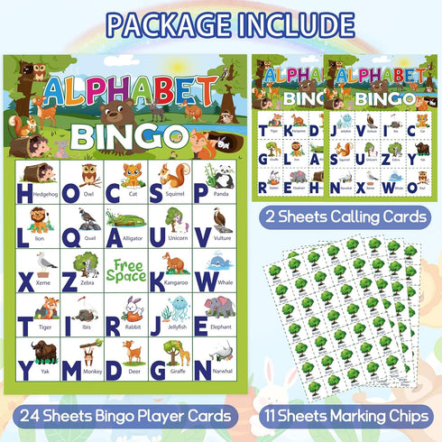 Animal Bingo Game for Toddlers and Adults, 24 Players Animal Bingo Cards, Jungle Safari Party Game for Family