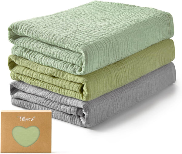 TILLYOU 3 Pack Muslin Swaddles for Newborns, Breathable and Soft Baby Blankets