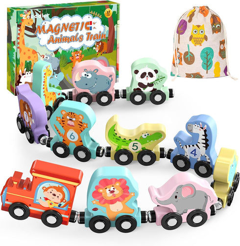 11 Magnetic Wooden Animals Train Set - Montessori Toys for Toddlers - Birthday Gifts for Boys & Girls