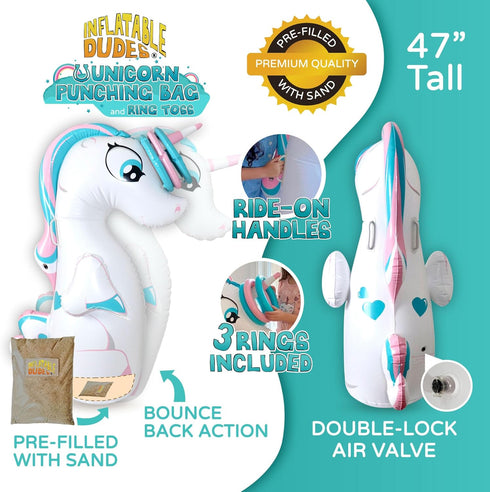 Unicorn 47 Inches Kids Punching Bag, Filled with Sand, Party Bop Bag, Ring Toss with 3 Inflatable Rings