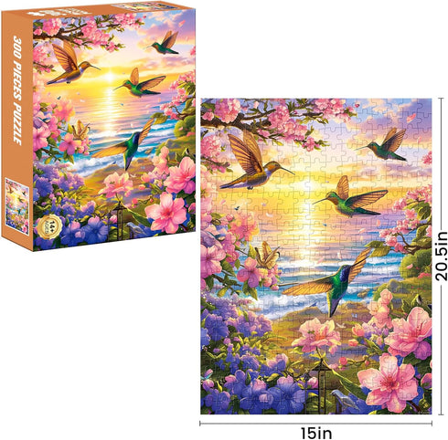 300 Pieces Puzzles for Adult Jigsaw Puzzle 300 Piece Puzzle Children Elderly Puzzle Hummingbird Beach Flower Puzzle Gift for Mom Dad Family Friend Family Activity Games Home Decor Wall Art 20.5x15IN