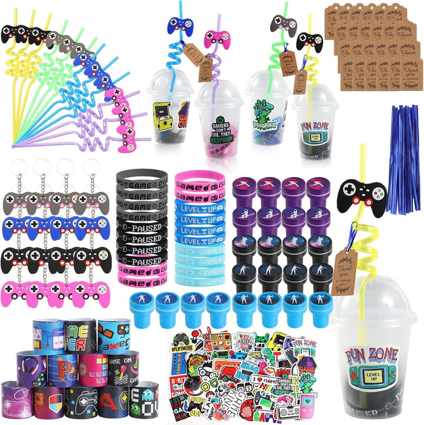 LiYiQ 292 Pcs Video Game Party Favors with Slap Bracelets, Keychains, Cups, Straws, Gift Tags, Stamps, Stickers (Blue