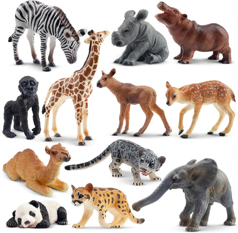 Toymany 12PCS Baby Figurines Forest Animals, Realistic Woodland Figures Toys Includes Elephant, Giraffe, Mountain Lion,