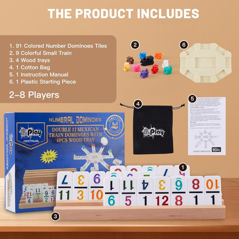 Set 12 91 9 4 2-8 8+ PUREPLAY Mexican Train Dominoes with Numbers - Double Colored Number Dominoes - Tiles, Trains