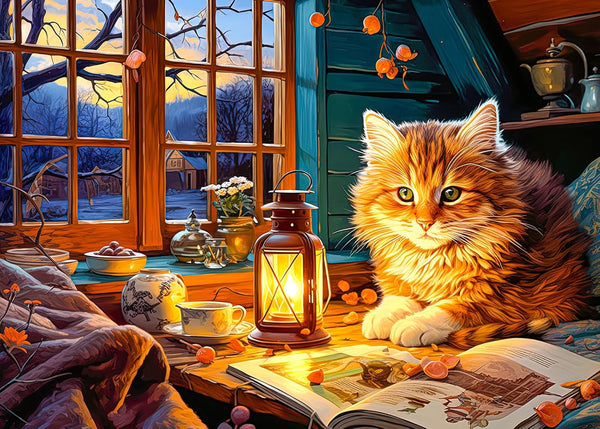 1000 Piece Puzzle for Adults - Cozy Cabin Snowscape Painting - Cute Kitten Jigsaw Puzzles