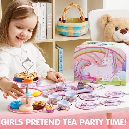 35Pcs Set Set, 3 4 5 6 JOYIN Unicorn Tea Party for Little Girls, Pretend Tin Teapot Princess Tea Time Play Kitchen Toy