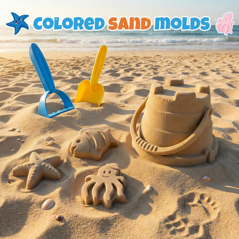 Cozycharm Set 3 Summer Beach Sand Toys for Toddlers, Portable Travel Beach Toys with Collapsible Bucket, Shovel, Rake