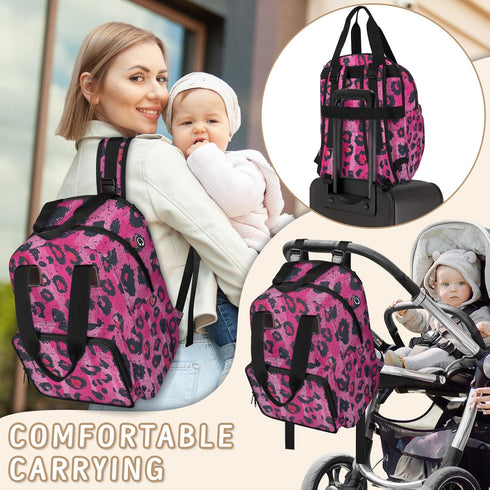 Shoblo Backpack Leopard Print Rosy Diaper Bag for Travel, Waterproof Diaper Bag with Insulated Bottle Pockets & USB
